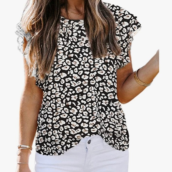 Animal Print Ruffle Flutter Sleeve Tops Blouses Summer Flowy Shirts Size XL - Picture 1 of 3